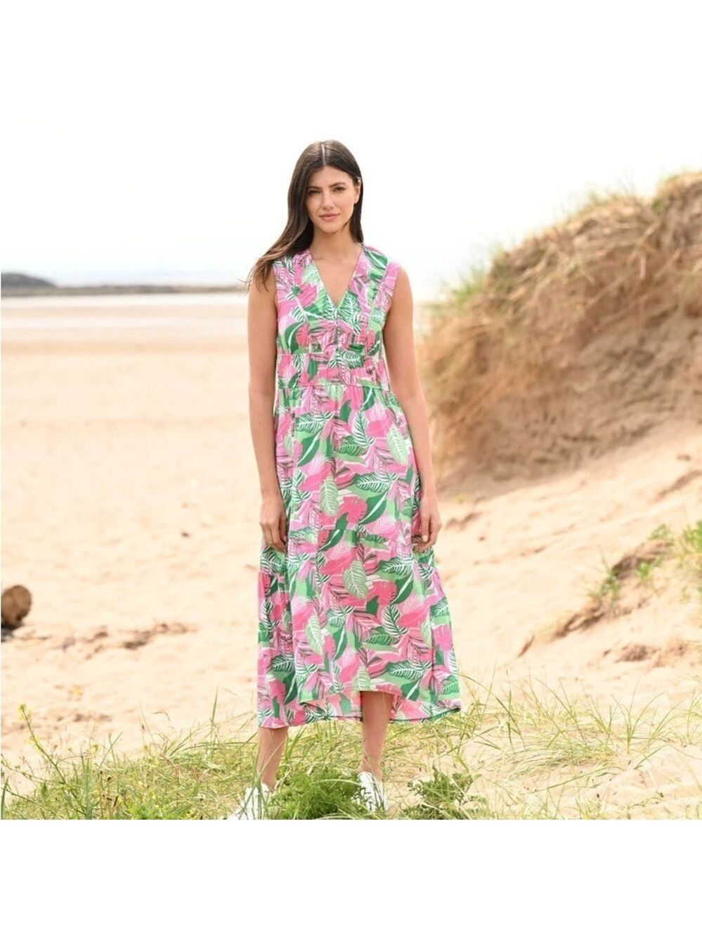 Marble Tropical Palm Leaf Print Stretch Ruched Front Fit & Flare Midi Dress
